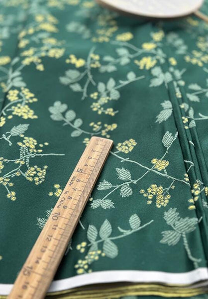 Dark green color brocade fabric with leaf pattern, jacquard brocade fabric, by the yard