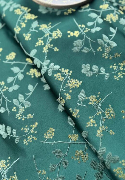 Dark green color brocade fabric with leaf pattern, jacquard brocade fabric, by the yard