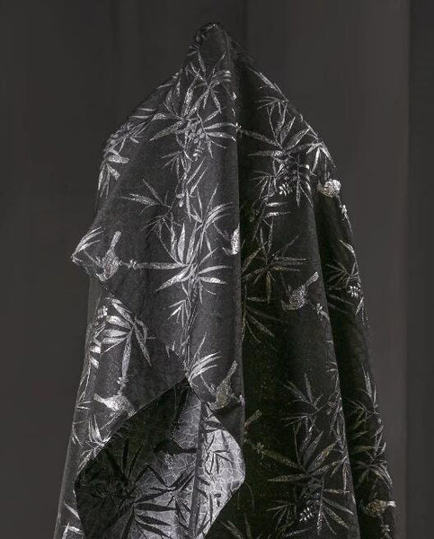 Black silver color jacquard fabric with bird and bamboo, wedding jacket dress fabric, fabric by the yard