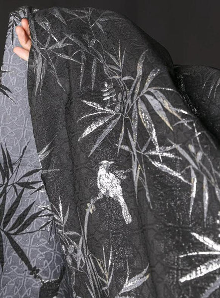 Black silver color jacquard fabric with bird and bamboo, wedding jacket dress fabric, fabric by the yard