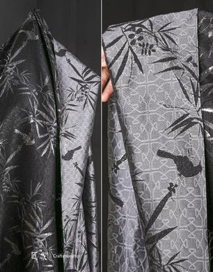 Black silver color jacquard fabric with bird and bamboo, wedding jacket dress fabric, fabric by the yard