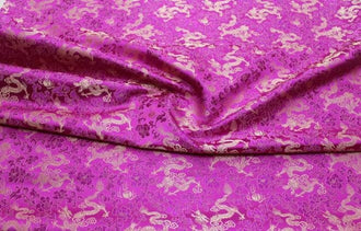 Rose red color brocade fabric with Chinese gold dragon pattern, jacquard fabric, by the yard