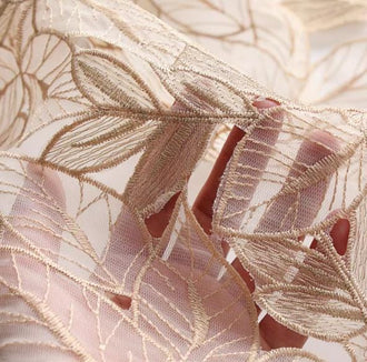 Champagne color organza lace fabric, gold thread embroidered lace fabric, leaf hollowed out embroidered fabric, fabric by the yard