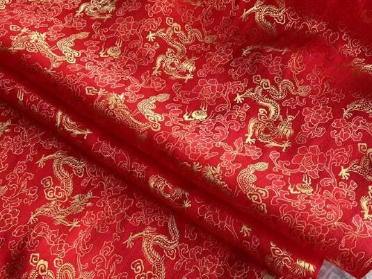 Red color silk jacquard fabric with gold dragon, silk brocade fabric, Chinese dragon pattern fabric for wedding, Cosplay dress fabric