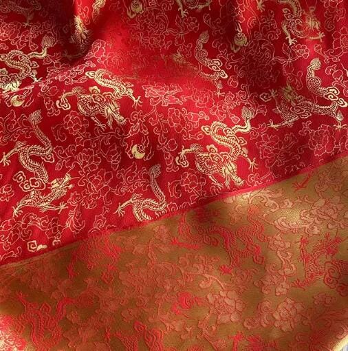 Red color silk jacquard fabric with gold dragon, silk brocade fabric, Chinese dragon pattern fabric for wedding, Cosplay dress fabric