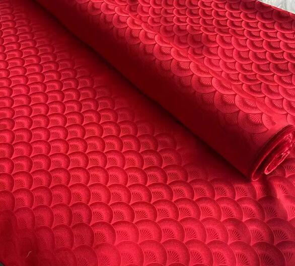 Red color silk jacquard fabric with fan pattern, wedding dress fabric, Cosplay dress fabric