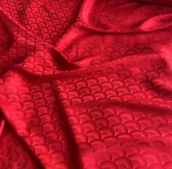 Red color silk jacquard fabric with fan pattern, wedding dress fabric, Cosplay dress fabric