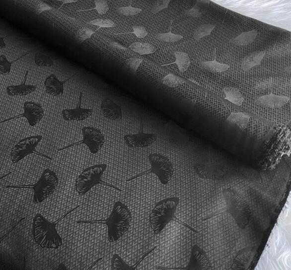 22mm-Black color silk jacquard fabric with ginkgo biloba leaves pattern, wedding dress silk fabric, Cosplay dress silk fabric