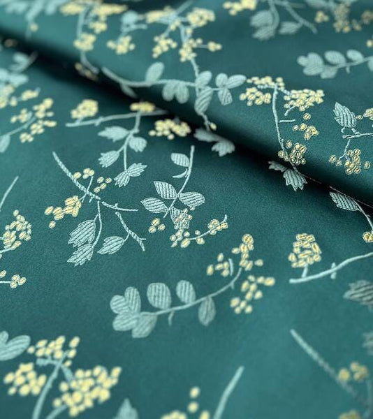 Dark green color brocade fabric with leaf pattern, jacquard brocade fabric, by the yard