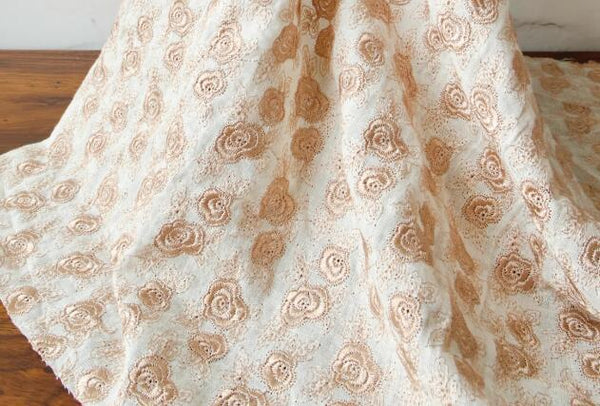 Light coffee color embroidery rose jacquard fabric,  linen fabric handmade DIY clothing fabric