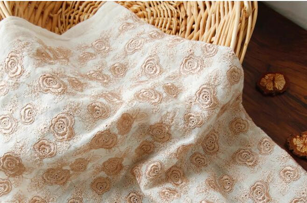 Light coffee color embroidery rose jacquard fabric,  linen fabric handmade DIY clothing fabric