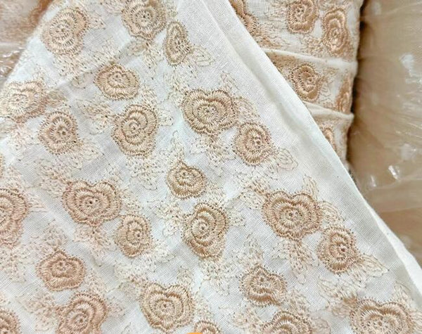 Light coffee color embroidery rose jacquard fabric,  linen fabric handmade DIY clothing fabric