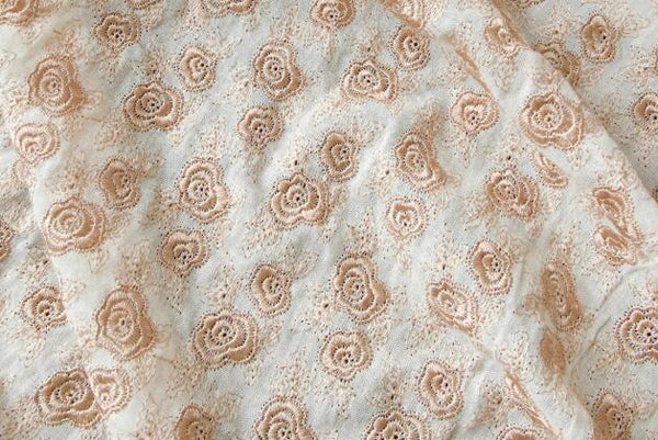 Light coffee color embroidery rose jacquard fabric,  linen fabric handmade DIY clothing fabric