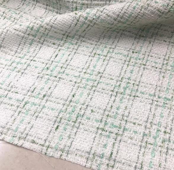 Off-white green color fabric, woven tweed fabric, Autumn fabric, by the yard