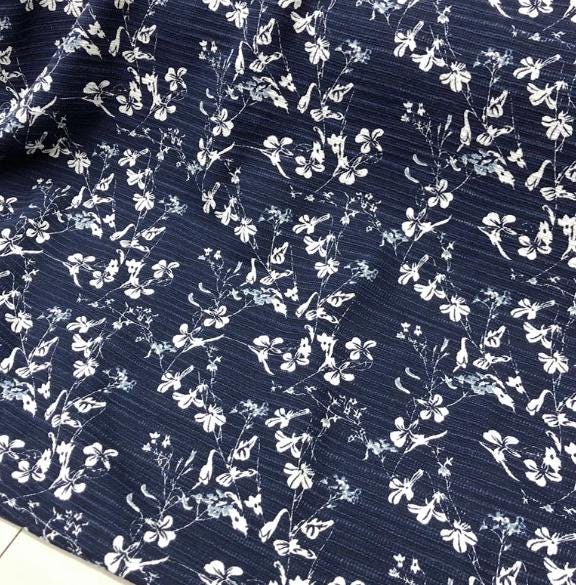 Navy blue color tweed fabric with white color flower,  tweed fabric, Autumn fabric, by the yard