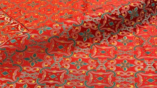 Red color brocade fabric with green yellow pattern, wide brocade fabric, jacquard fabric, by the yard-59inches wide