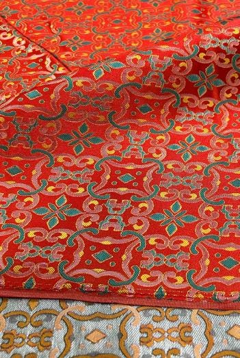 Red color brocade fabric with green yellow pattern, wide brocade fabric, jacquard fabric, by the yard-59inches wide