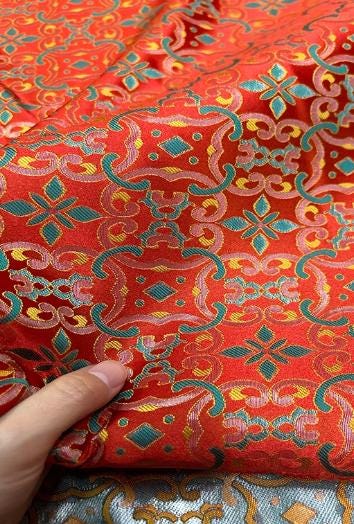 Red color brocade fabric with green yellow pattern, wide brocade fabric, jacquard fabric, by the yard-59inches wide