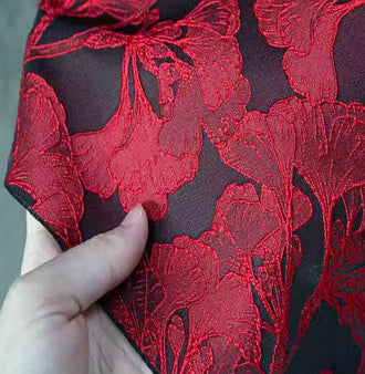 3D ginkgo leaf pattern jacquard fabric, black color with red leaf, wedding dress fabric, prom dress fabric, Cosplay dress fabric