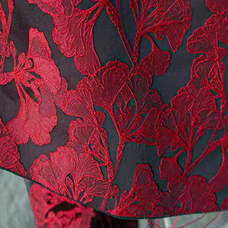 3D ginkgo leaf pattern jacquard fabric, black color with red leaf, wedding dress fabric, prom dress fabric, Cosplay dress fabric