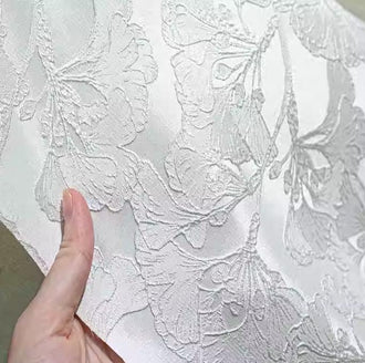 3D ginkgo leaf pattern jacquard fabric, cream white color with ginkgo leaf, wedding dress fabric, prom dress fabric, Cosplay dress fabric