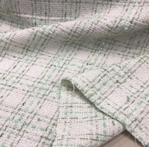 Off-white green color fabric, woven tweed fabric, Autumn fabric, by the yard