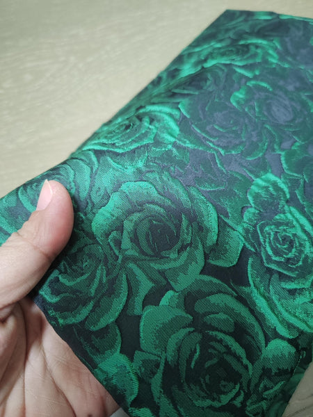 20%OFF-Fashion jacuqard fabric, 3D black color jacquard with dark green rose pattern, wedding jacket dress fabric, by the yard