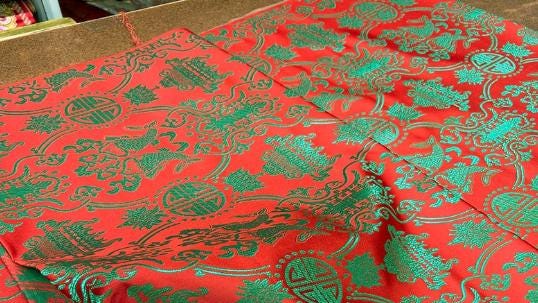 Wide red color brocade fabric with green pattern, jacquard fabric, by the yard-59inches wide