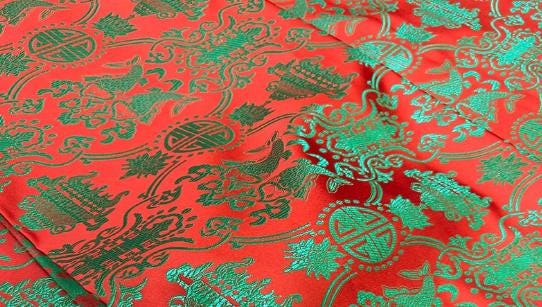 Wide red color brocade fabric with green pattern, jacquard fabric, by the yard-59inches wide