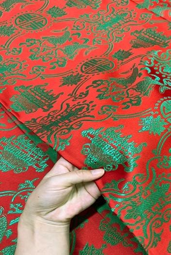 Wide red color brocade fabric with green pattern, jacquard fabric, by the yard-59inches wide