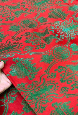 Wide red color brocade fabric with green pattern, jacquard fabric, by the yard-59inches wide